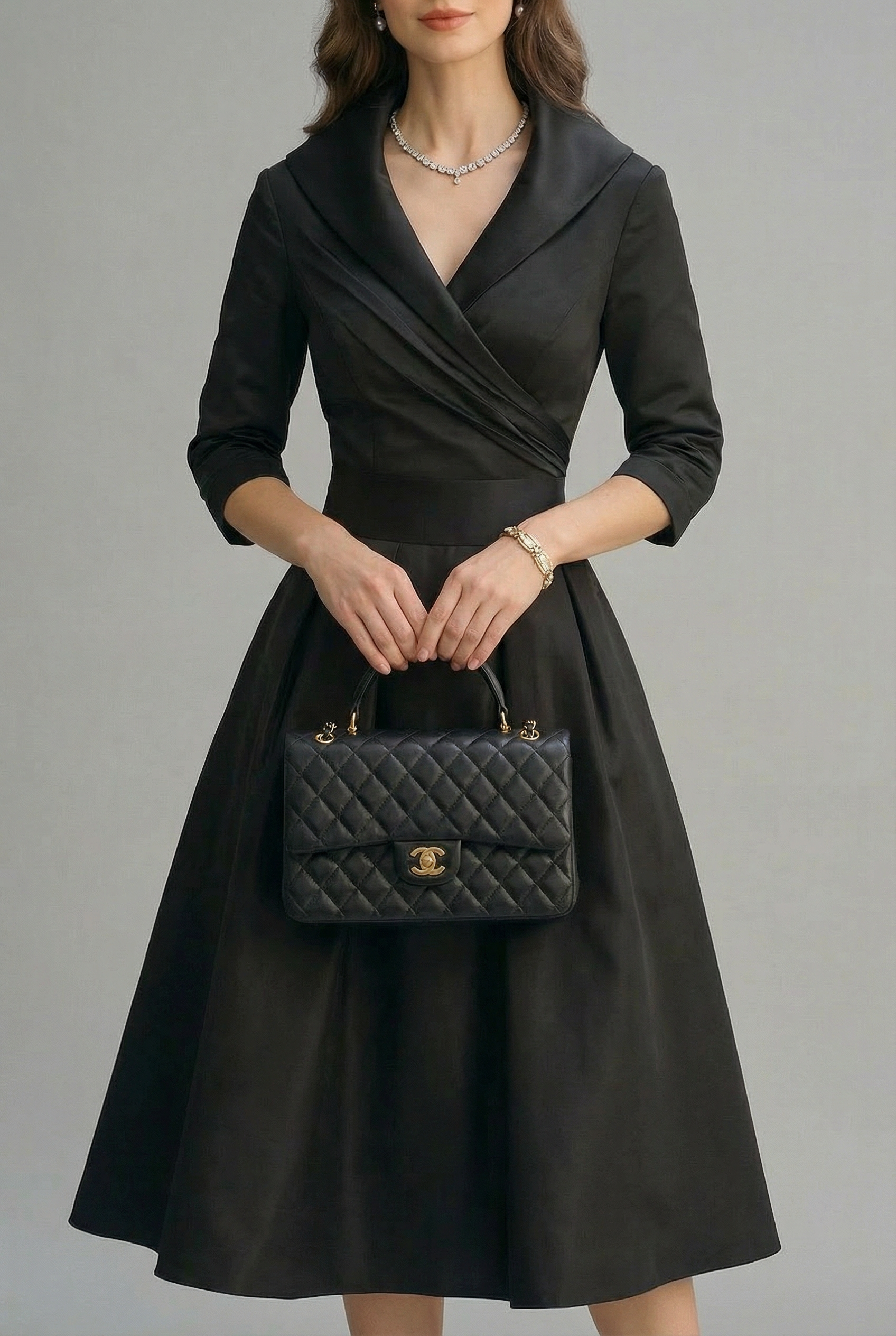 Women’s Elegant Wrap Midi Dress with Flared Skirt