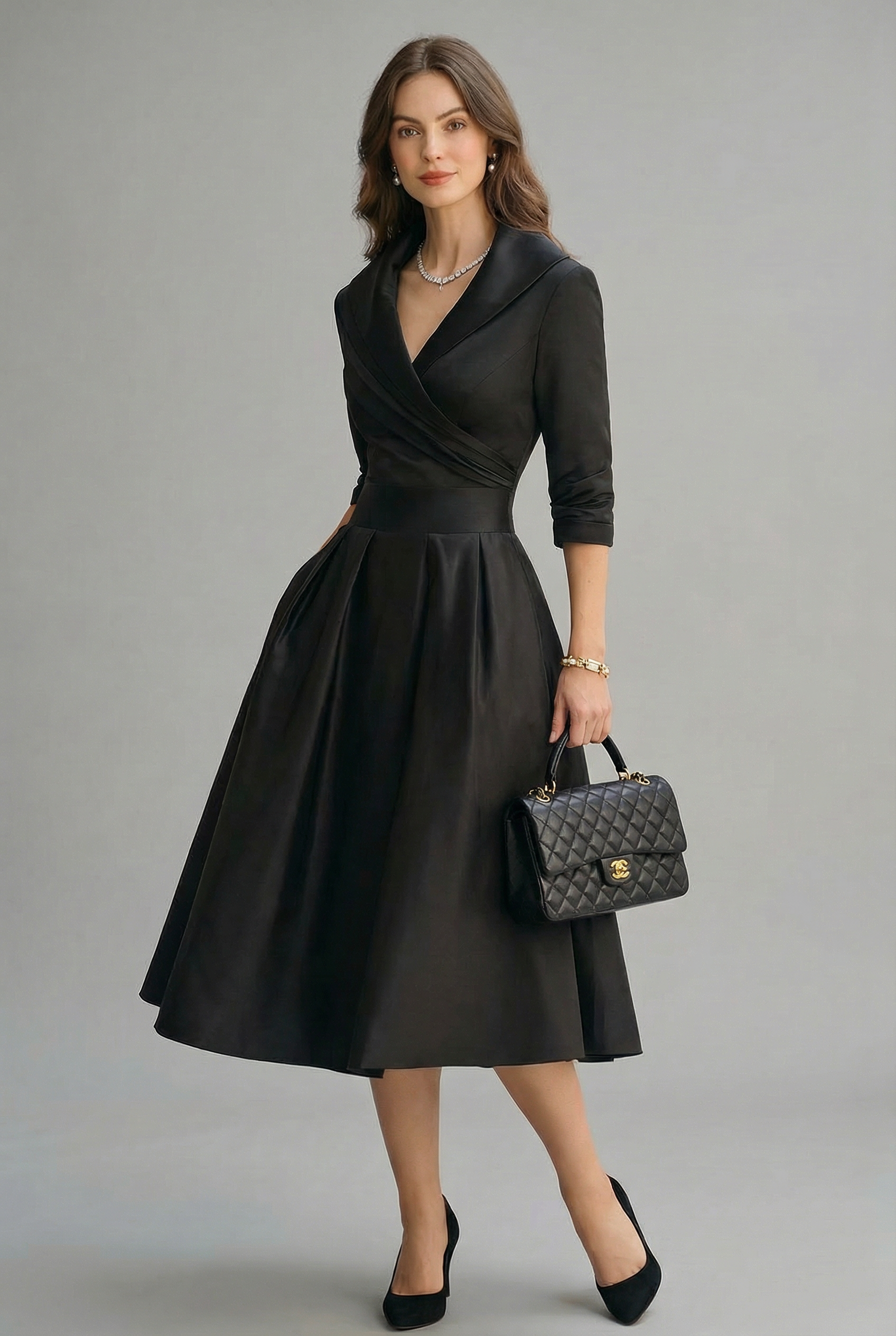 Women’s Elegant Wrap Midi Dress with Flared Skirt