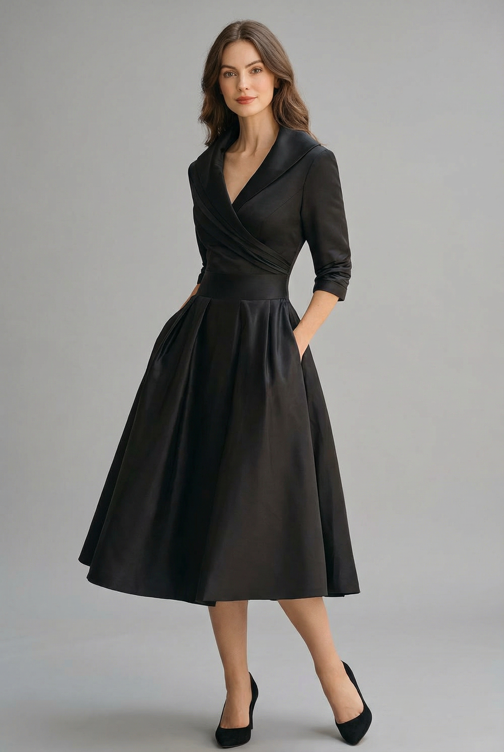 Women’s Ascot Elegant Wrap Midi Dress with Flared Skirt