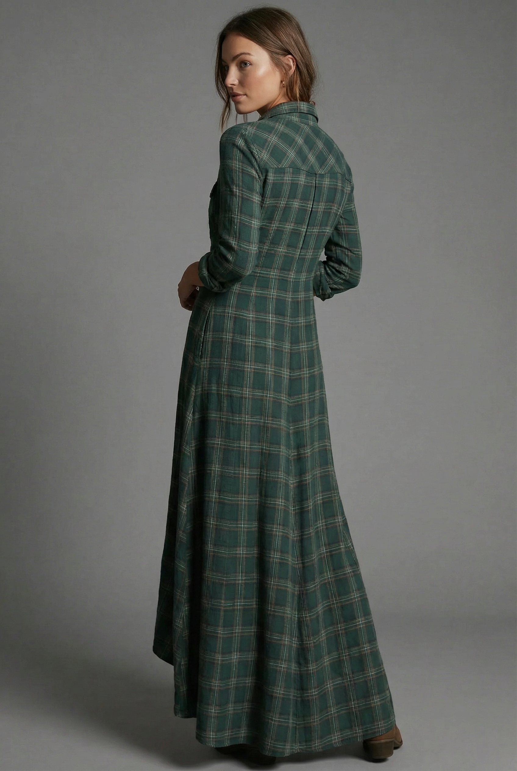 Women’s Dark Green Check Lightweight Maxi Shirt Dress