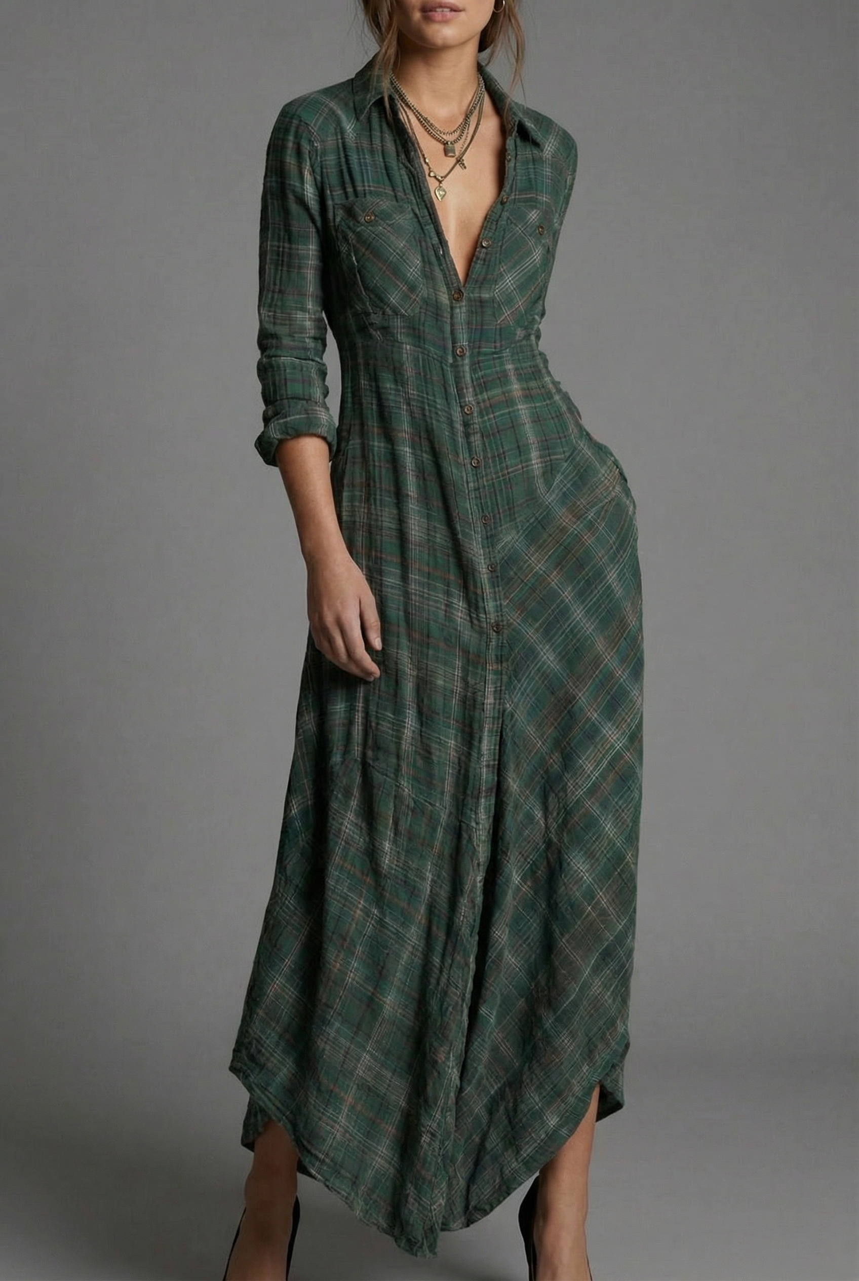 Women’s Dark Green Check Lightweight Maxi Shirt Dress