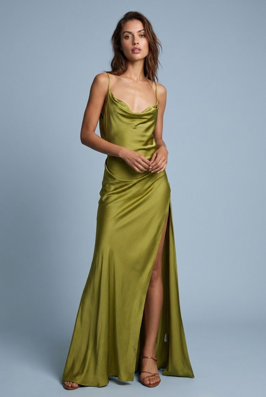 Matcha Satin Style Cowl Neck Backless Maxi Wedding Guest