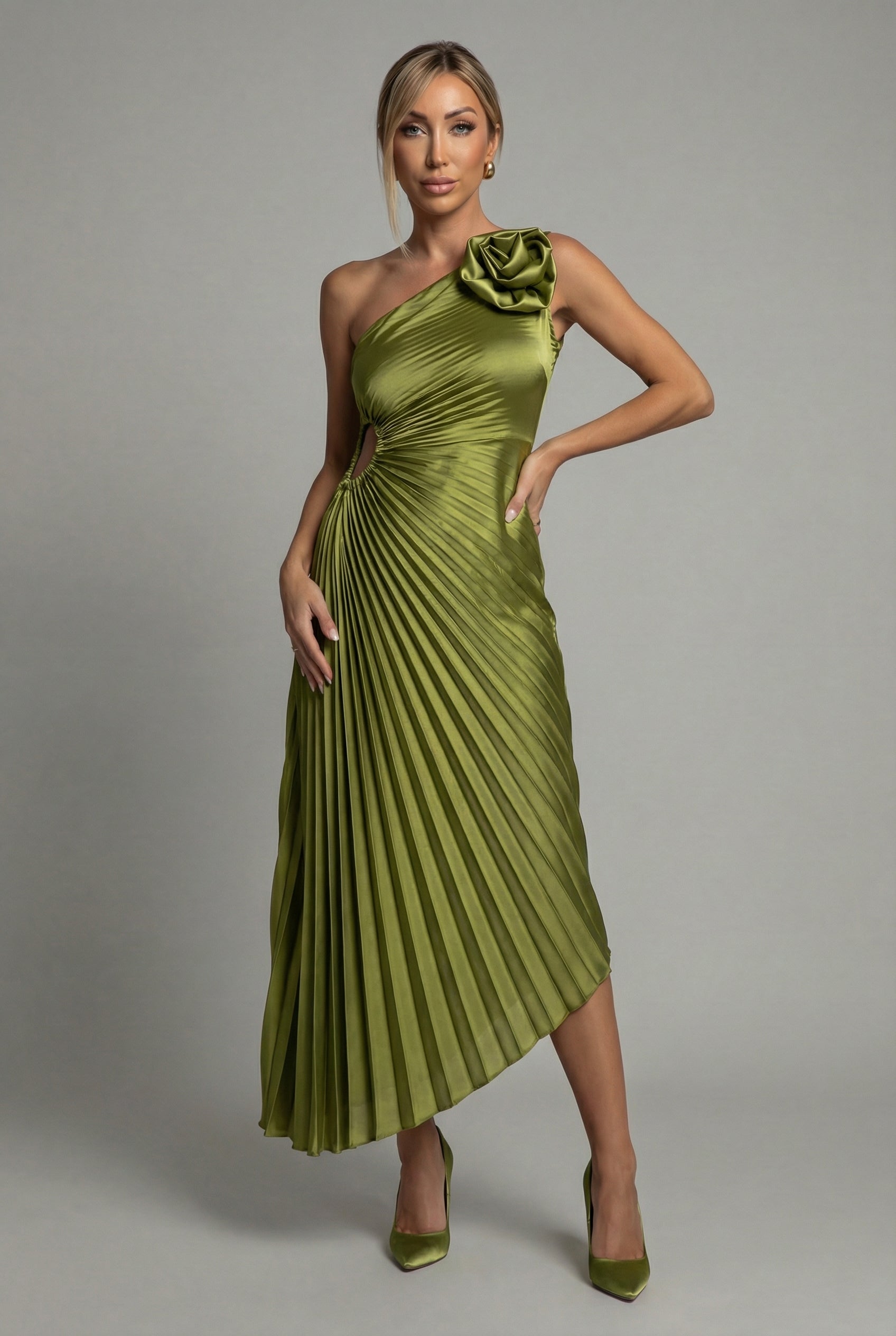 Women's Ascot One-Shoulder Pleated Midi Dress