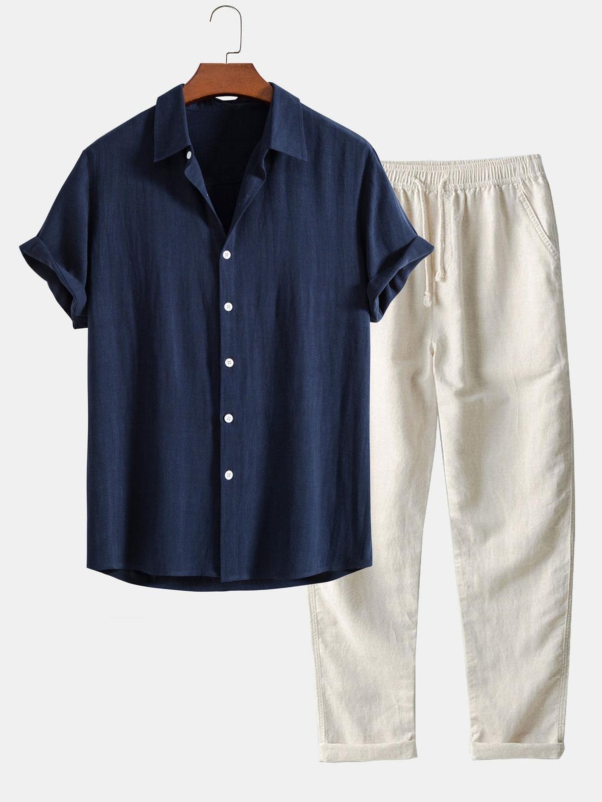 Men's Linen Shirt And Pants Set With Stand Collar