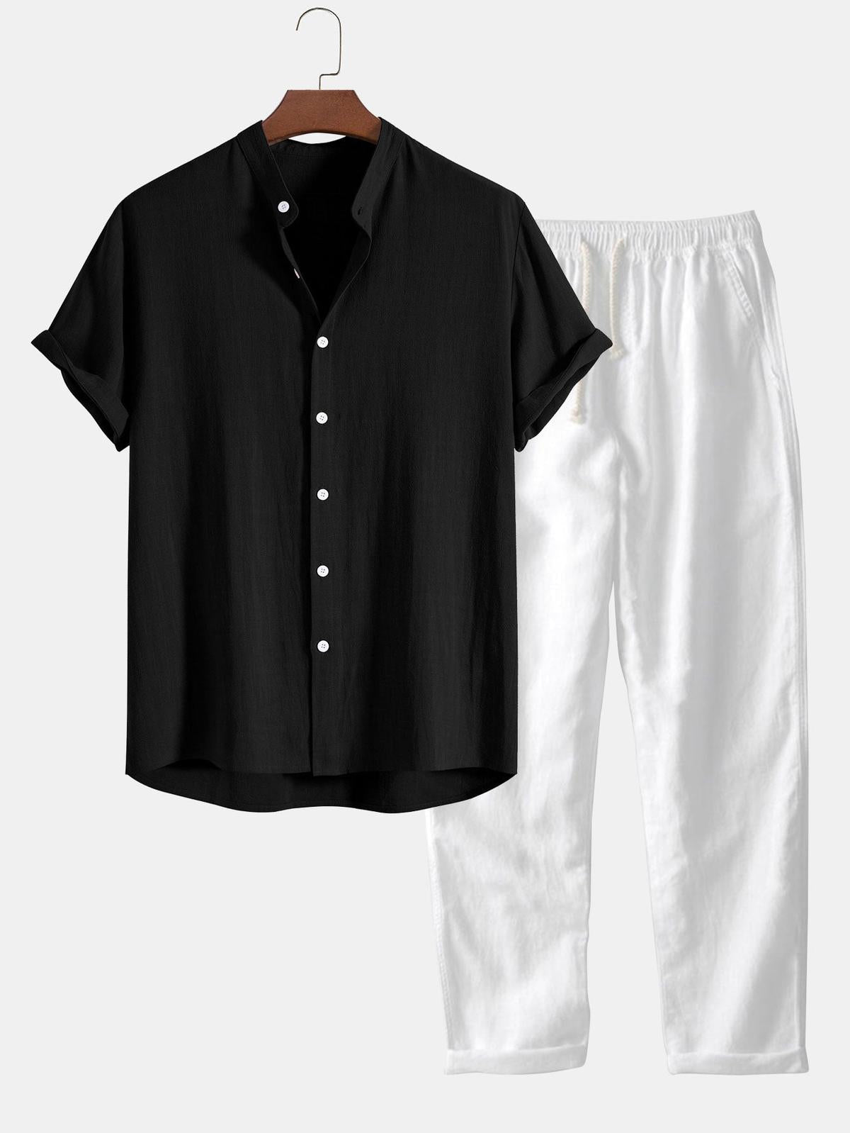 Men's Linen Shirt And Pants Set With Stand Collar