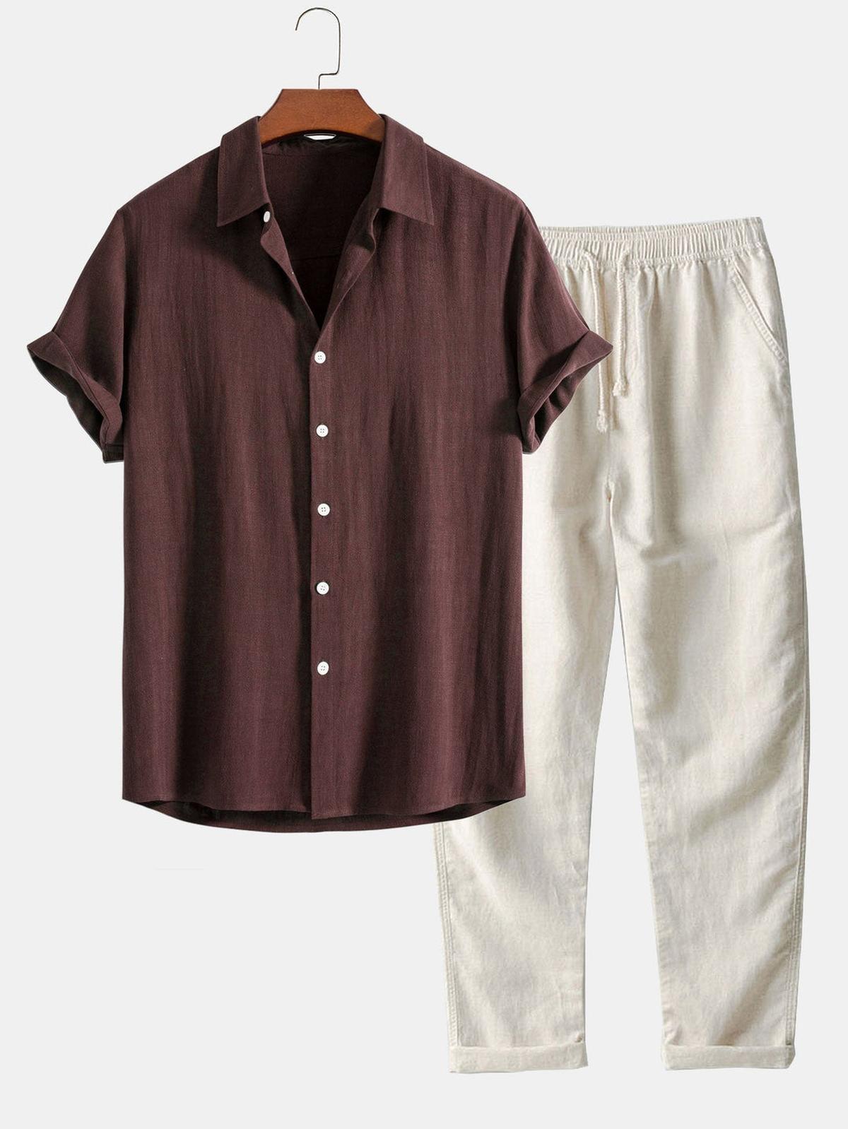 Men's Linen Shirt And Pants Set With Stand Collar