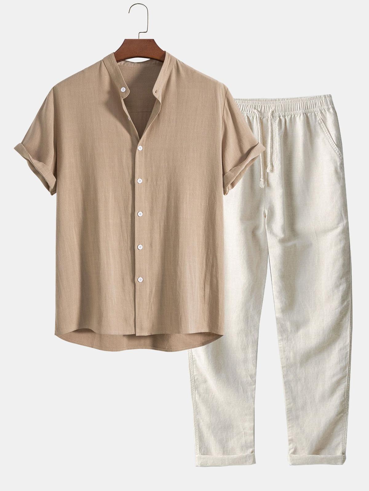 Men's Linen Shirt And Pants Set With Stand Collar