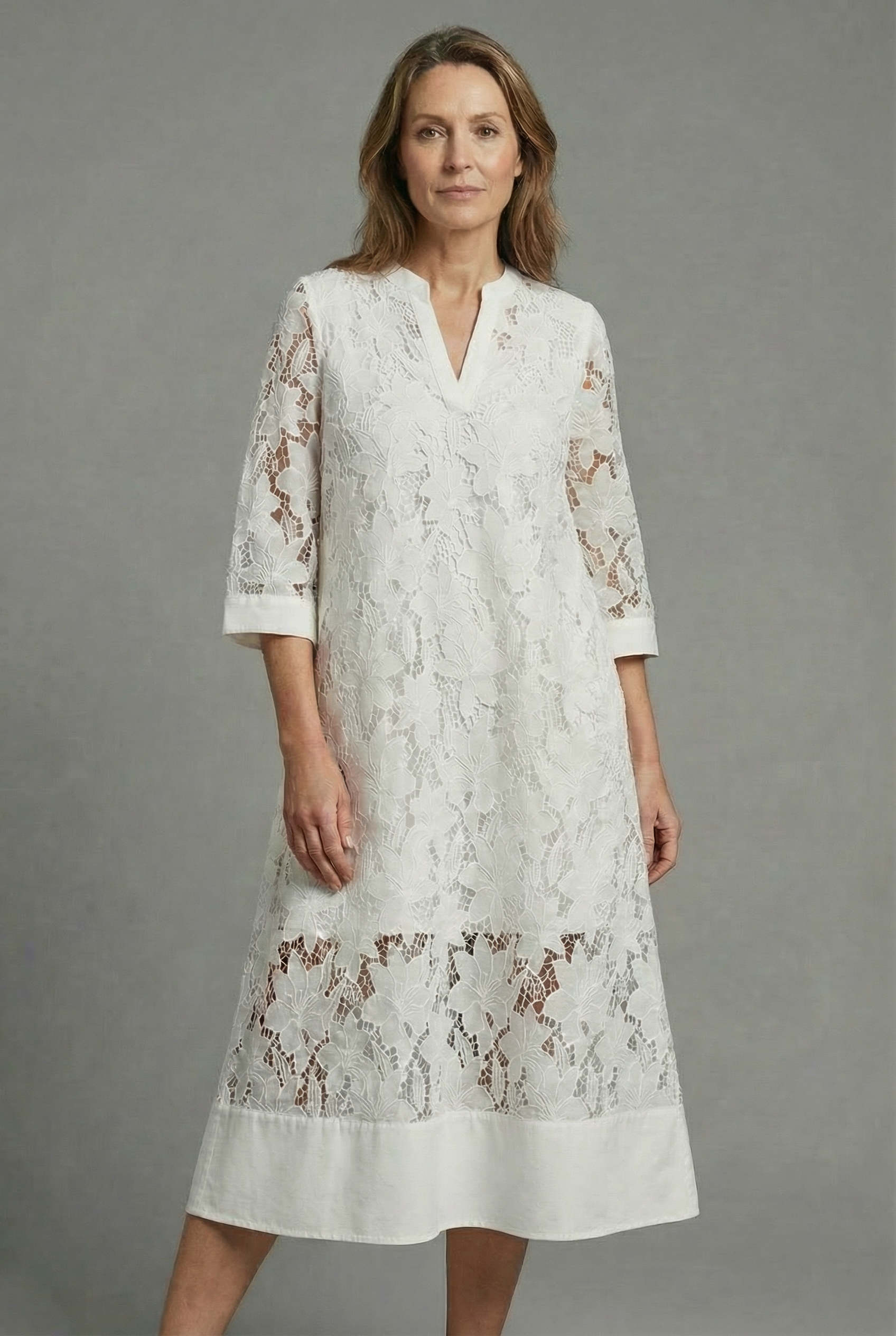 Women's Embroidered Midi Dress – Elegant Lace Detail & Relaxed Everyday Fit