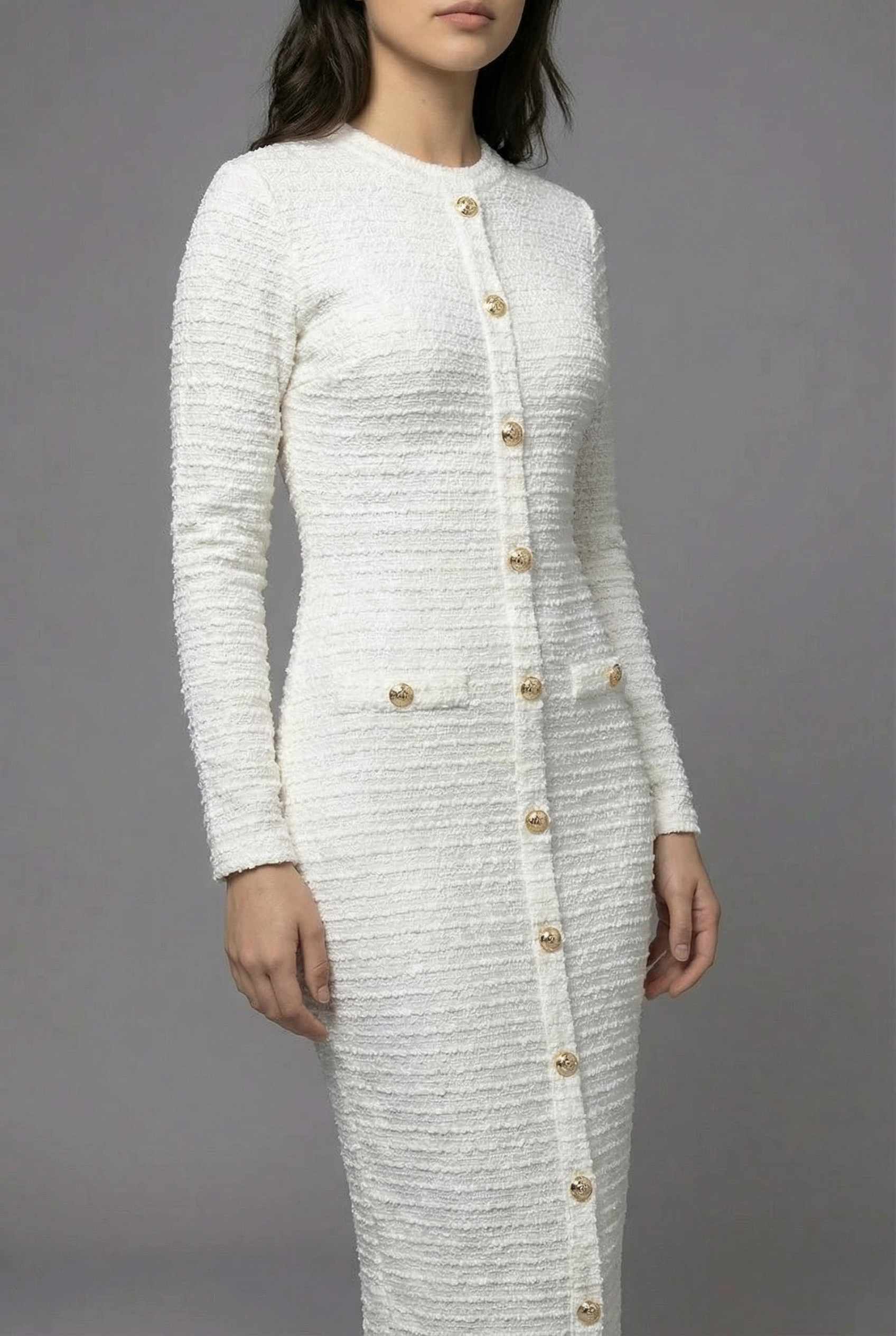 Women’s White Tailored Elegant Long Sleeve Button Front Midi Dress