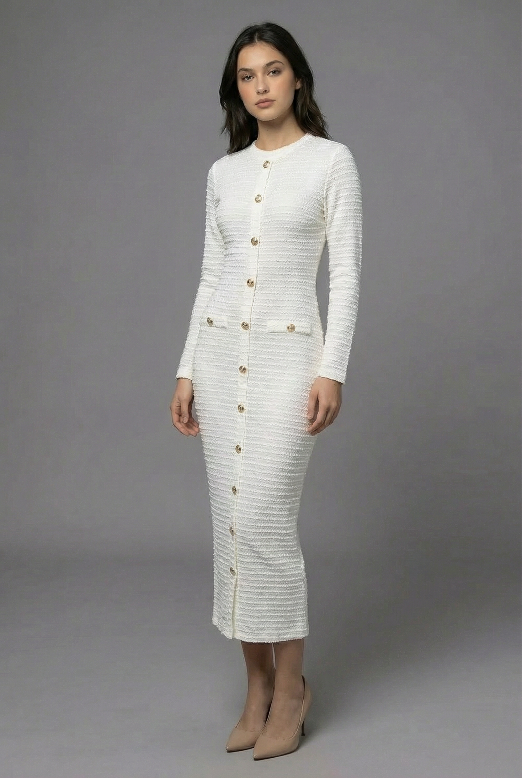 Women’s White Tailored Elegant Long Sleeve Button Front Midi Dress