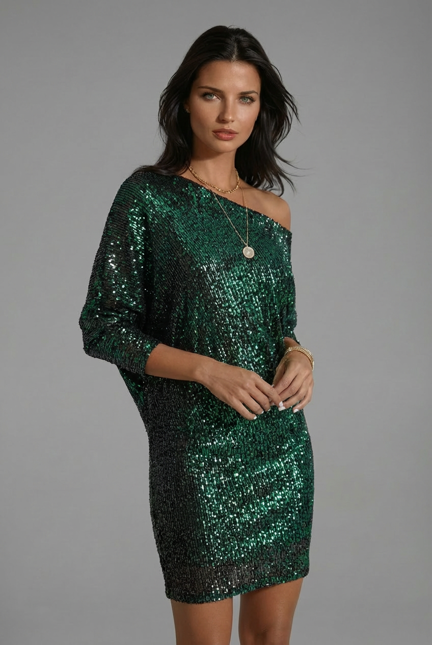 Women’s Sequin Glitter Mini Cocktail Dress – One Shoulder Sparkle Dress