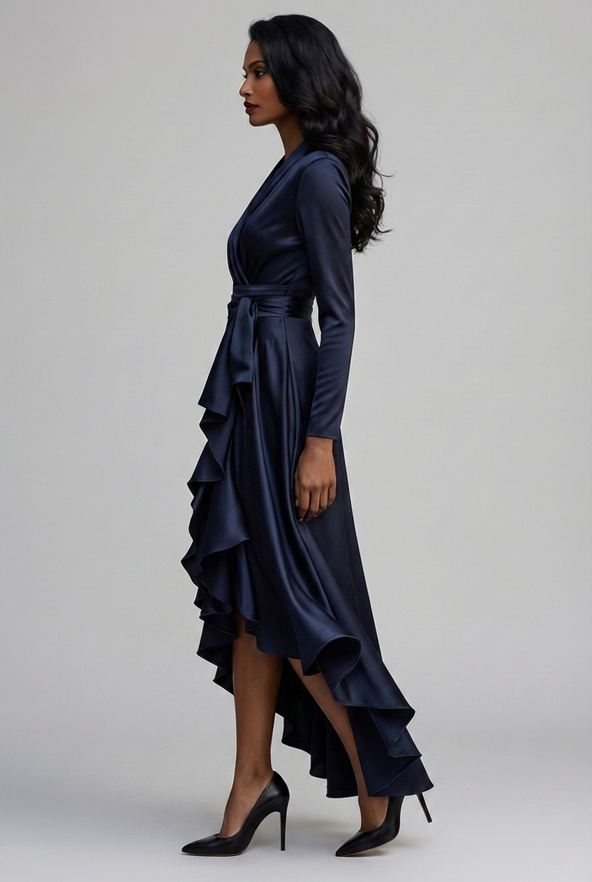 Elegant Long Sleeve Wrap Satin Style Elegant Wedding Guest Dress