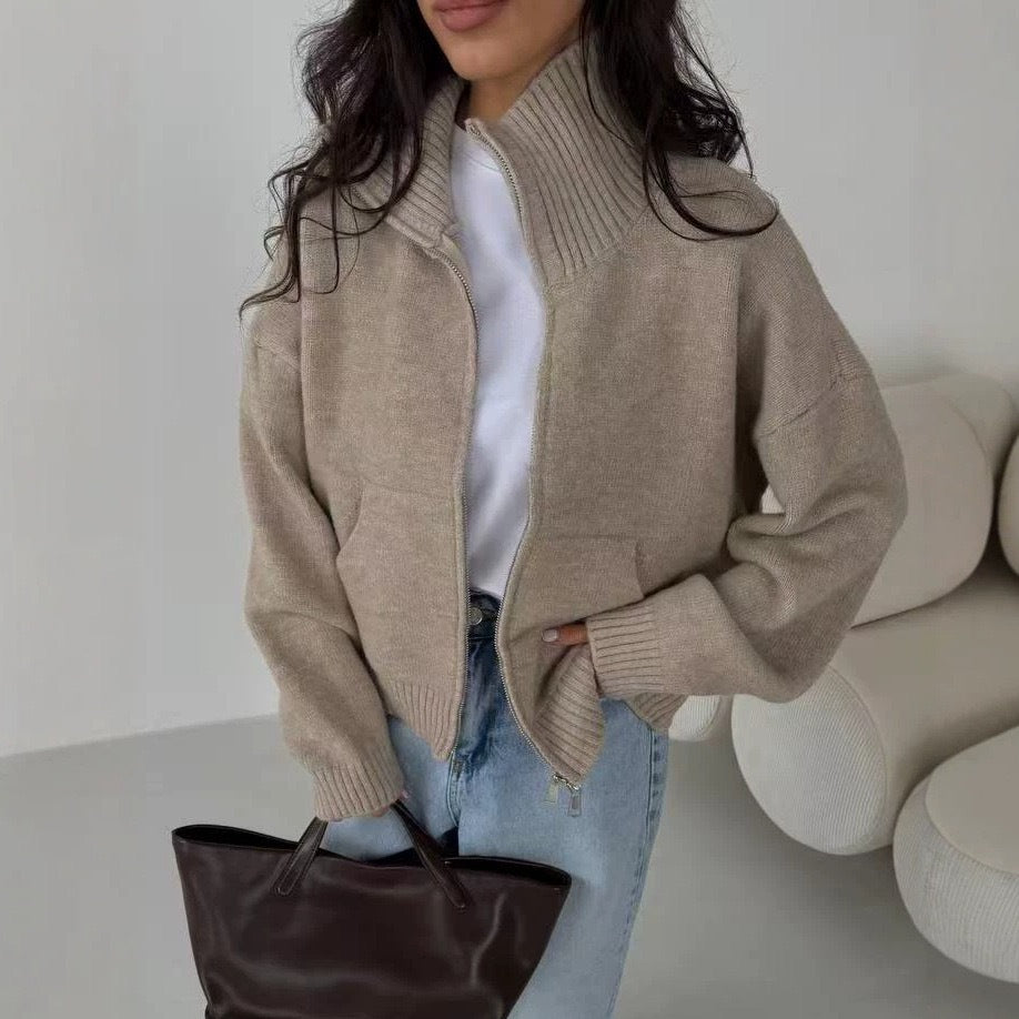 Loose Fit Stand Collar Zip-Up Short Cardigan Women