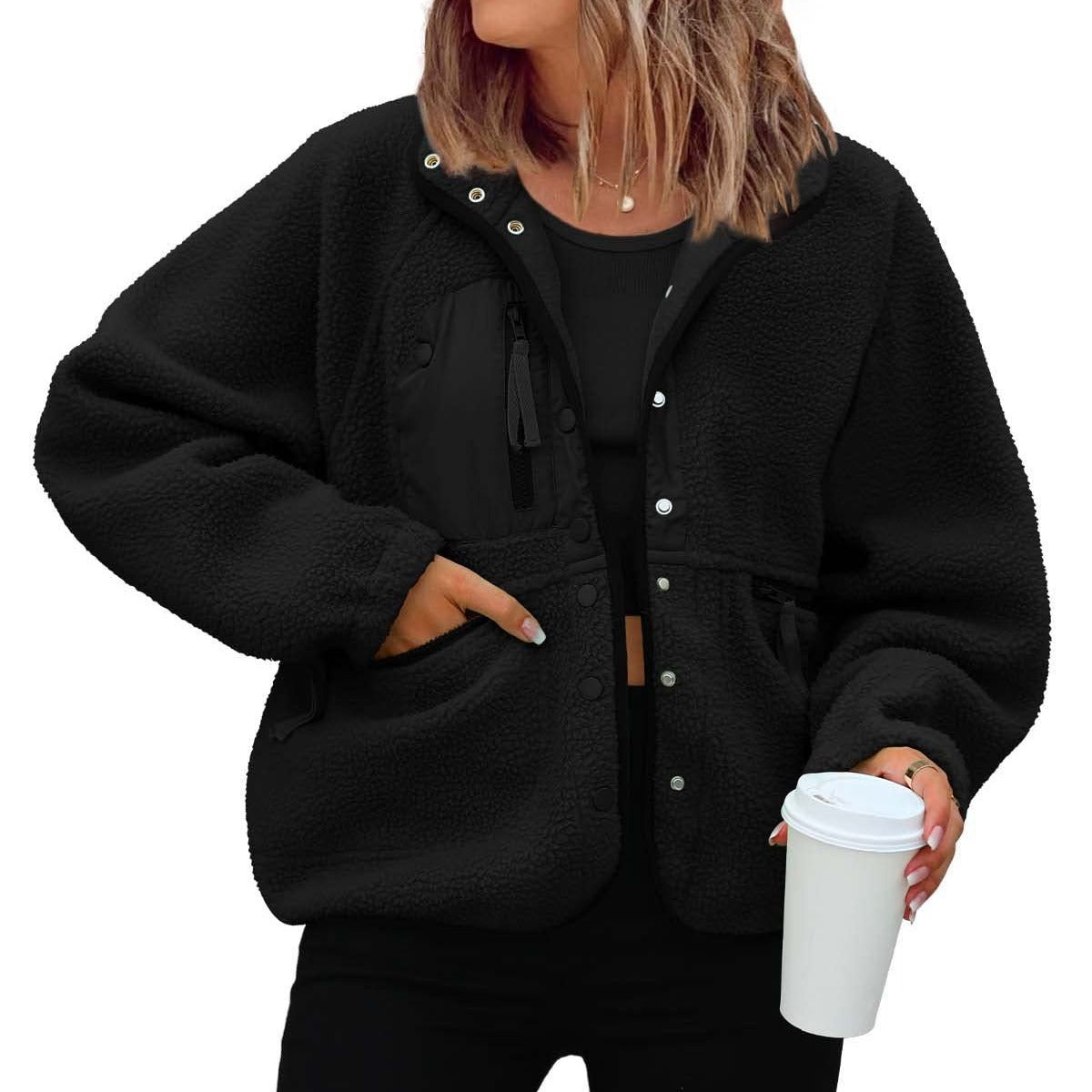 Textured Fleece Style Relaxed Casual Jacket Women