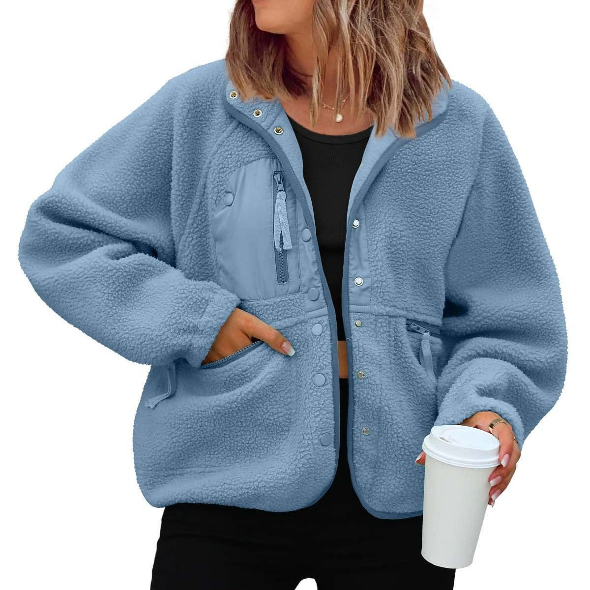 Textured Fleece Style Relaxed Casual Jacket Women