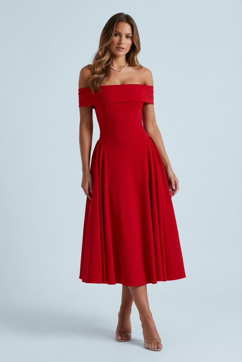 Women's Sophisticated Off Shoulder Pleated Flare Mid Length Dress