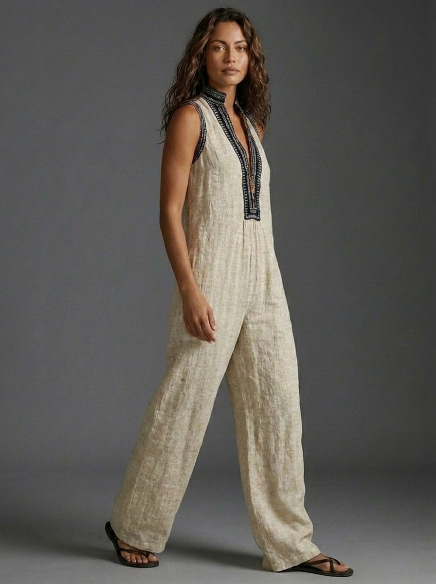 Sleeveless Embroidered V-Neck Wide Leg Boho Jumpsuit