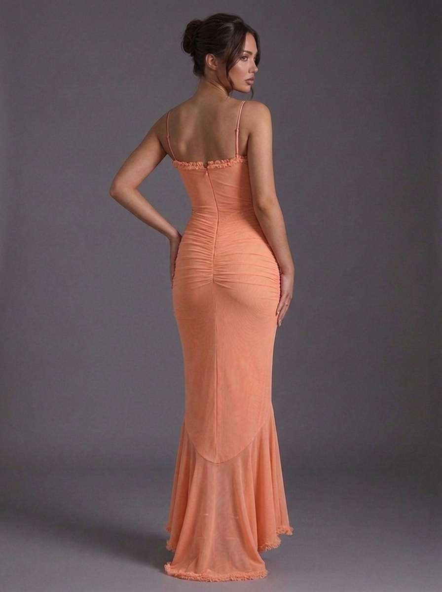 Strappy Ruched Ruffle Split Occasion Maxi Dress
