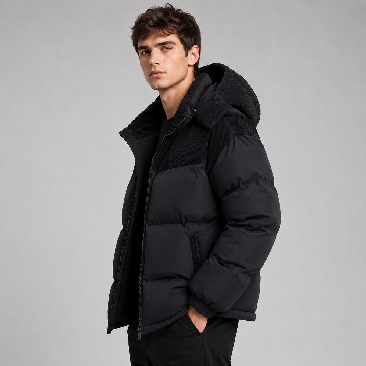 Oversized Hooded Padded Full Zip Puffer Jacket Men
