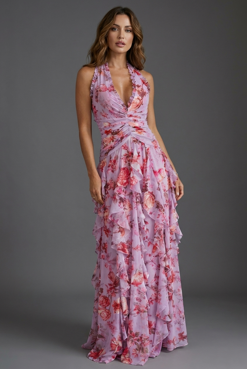 Floral Print Halterneck Ruffle Chiffon Style Ascot Maxi Dress
