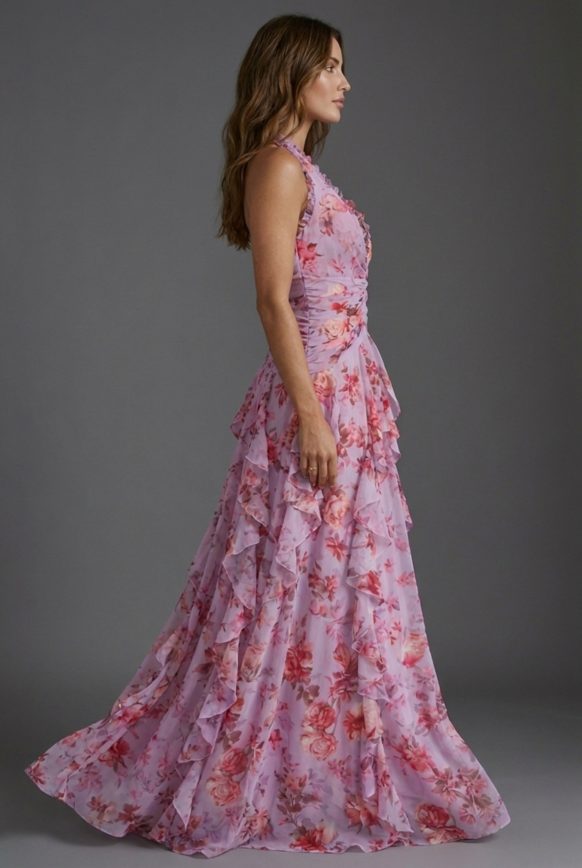 Floral Print Halterneck Ruffle Chiffon Style Ascot Maxi Dress