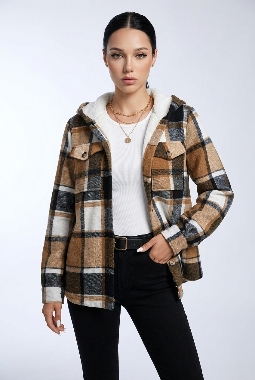 Plaid Fleece Lined Hooded Pocket Jacket Women