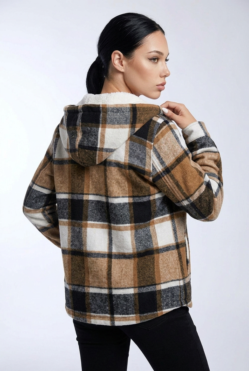 Plaid Fleece Lined Hooded Pocket Jacket Women