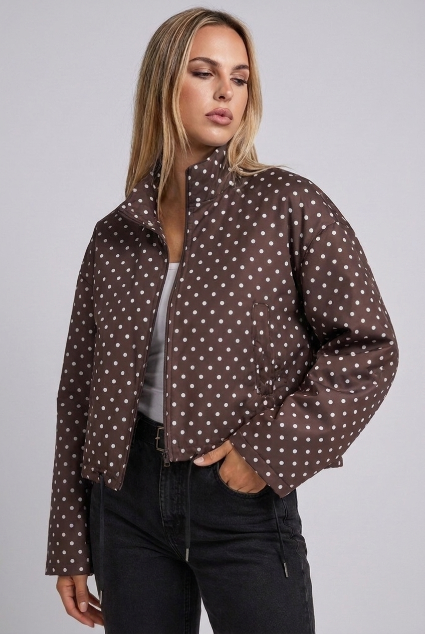 Polka Dot Drawstring Hem Bomber Jacket Women