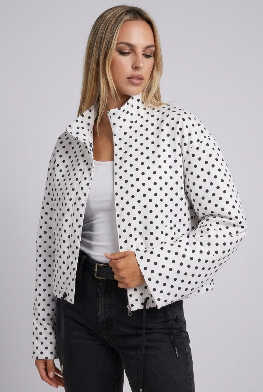 Polka Dot Drawstring Hem Bomber Jacket Women