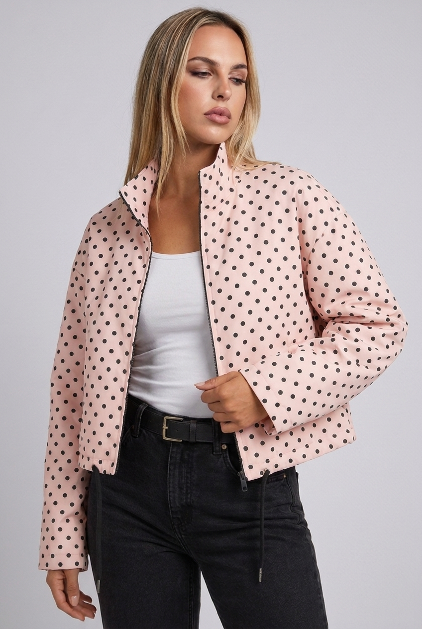 Polka Dot Drawstring Hem Bomber Jacket Women