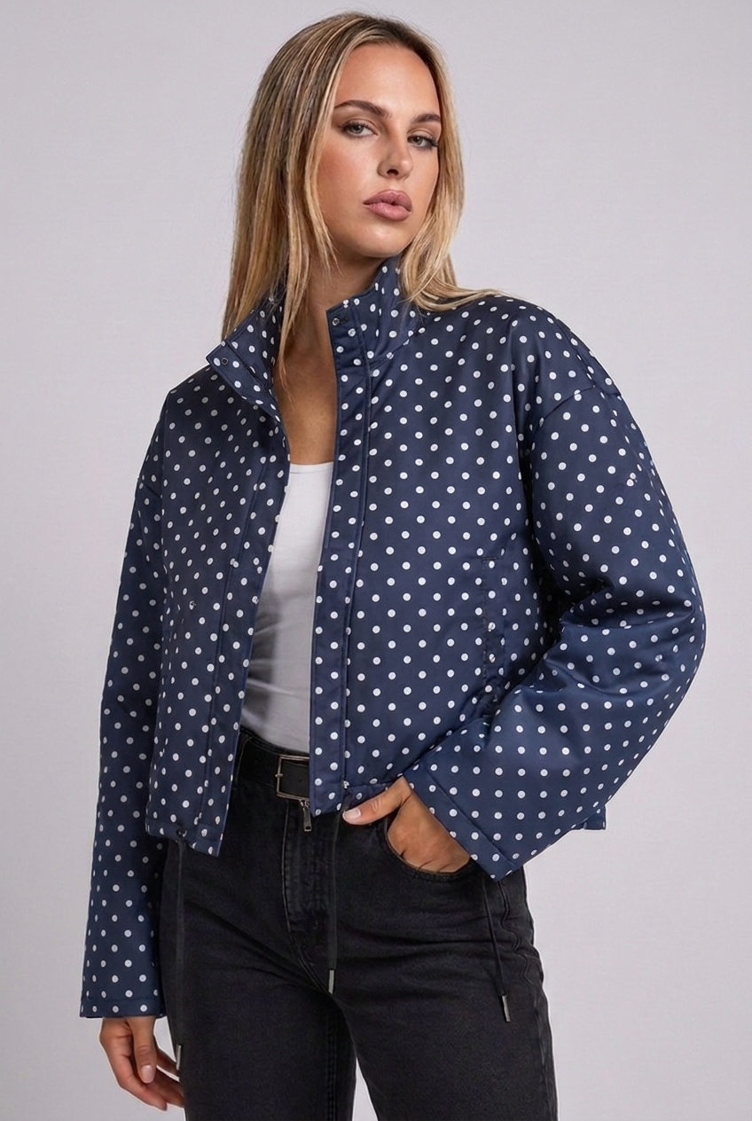 Polka Dot Drawstring Hem Bomber Jacket Women