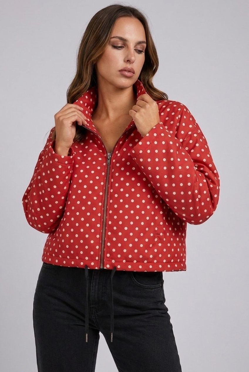 Polka Dot Drawstring Hem Bomber Jacket Women