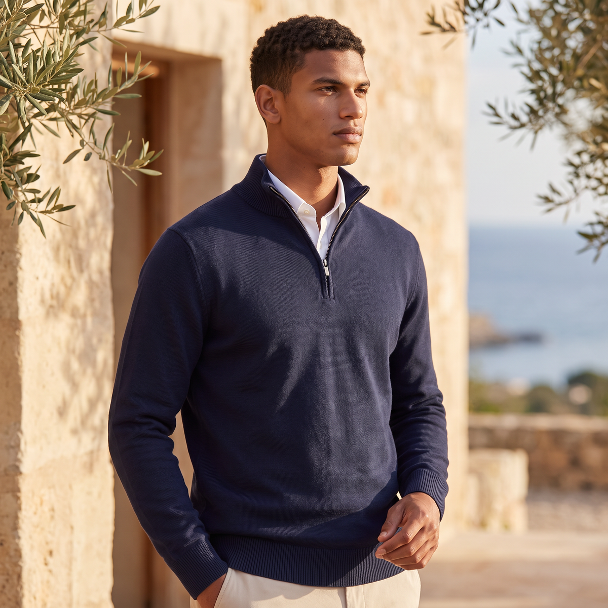 Quarter Zip Knit Style Jumper Stand Collar Men
