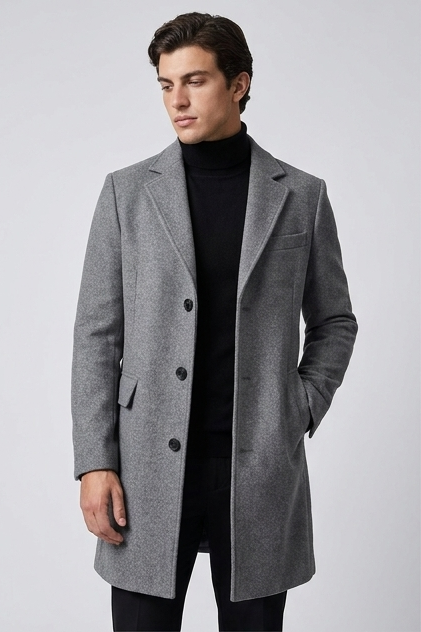 Quilted Wool Style Overcoat With Lapel Collar Men
