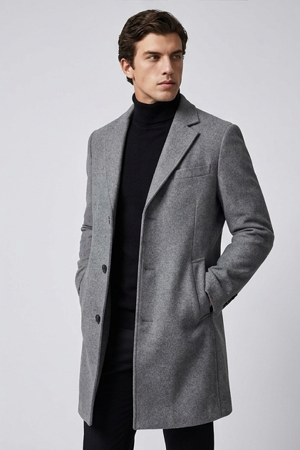 Quilted Wool Style Overcoat With Lapel Collar Men