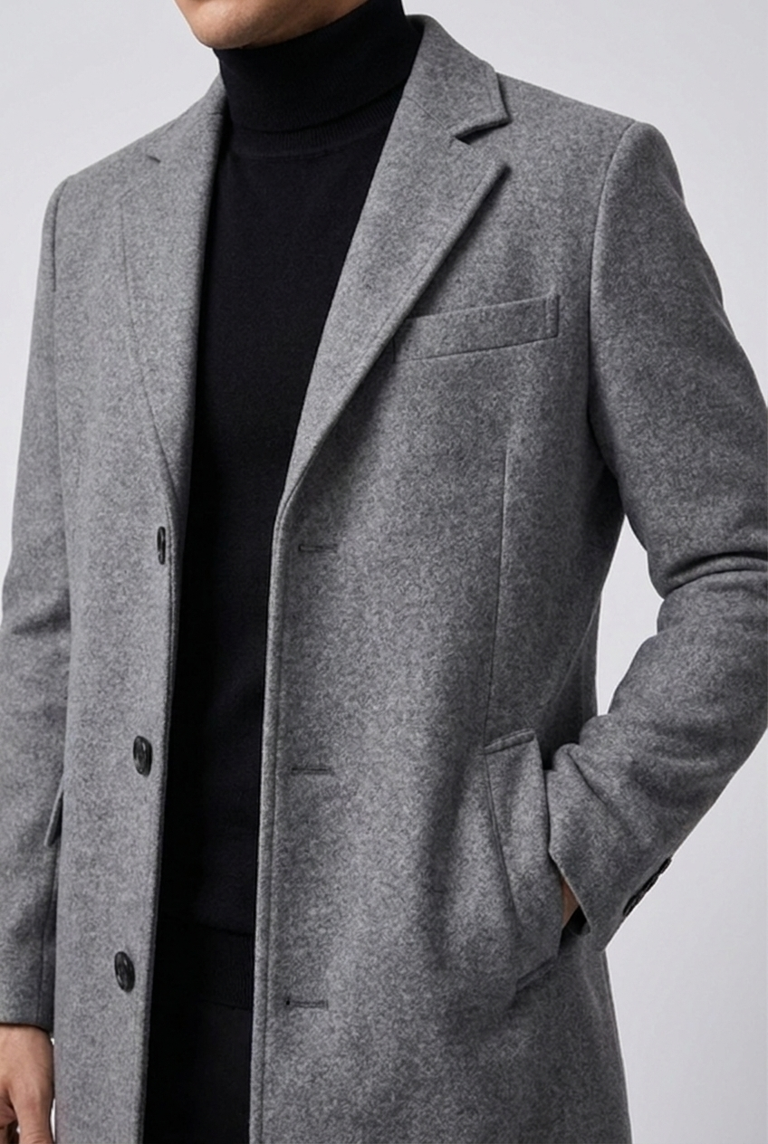 Quilted Wool Style Overcoat With Lapel Collar Men