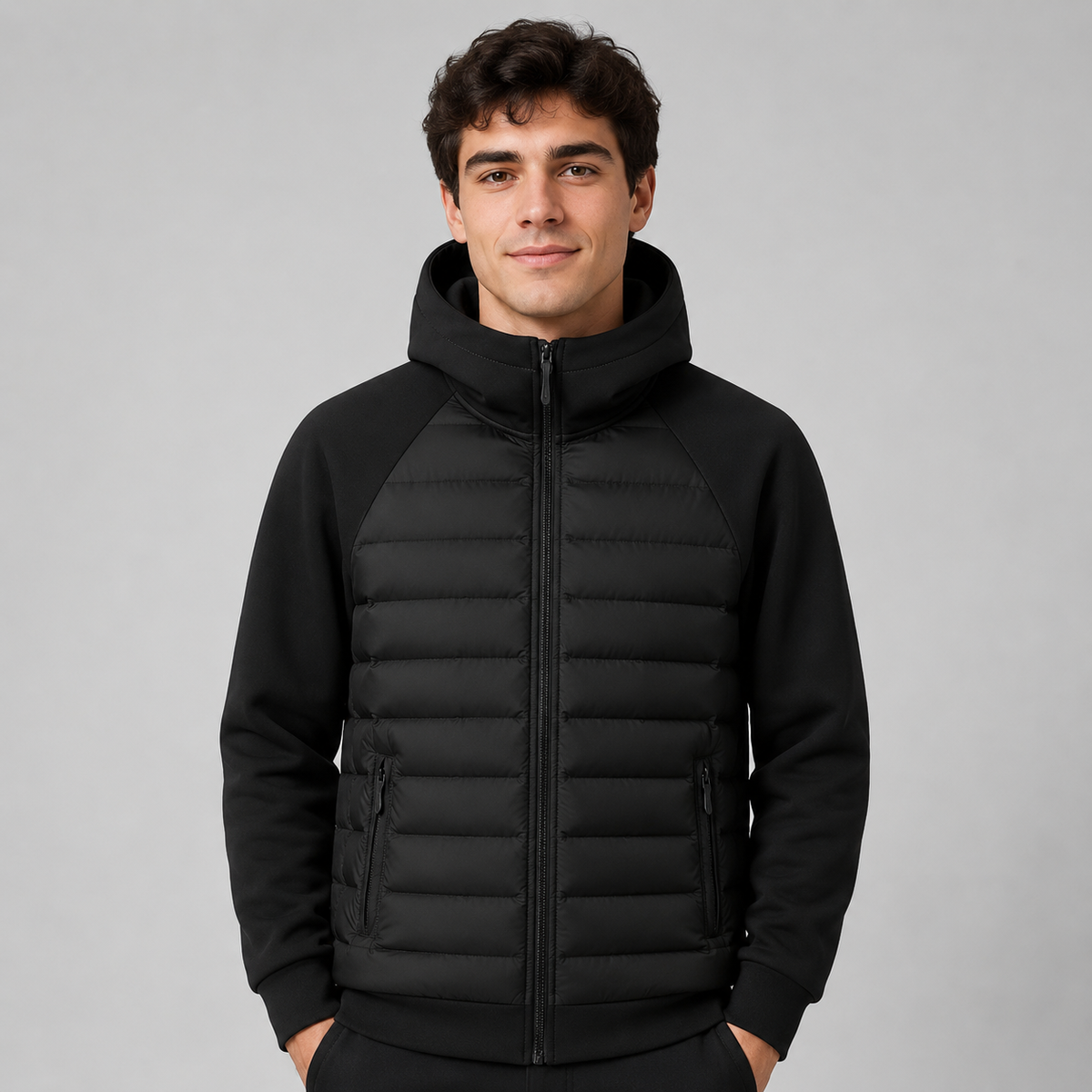 Quilted Panel Hooded Padded Jacket Men