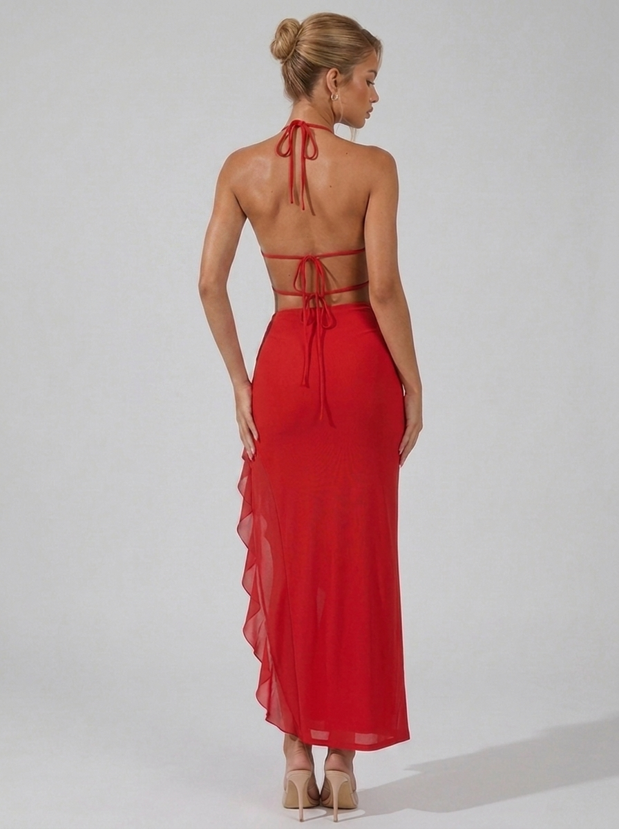 Halter Backless Ruffle Split Chiffon Style Maxi Dress