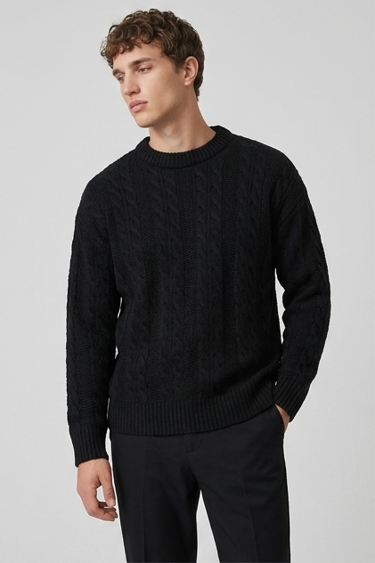 Cable Knit Style Ribbed Crew Neck Jumper