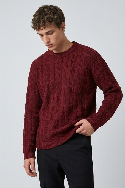 Cable Knit Style Ribbed Crew Neck Jumper