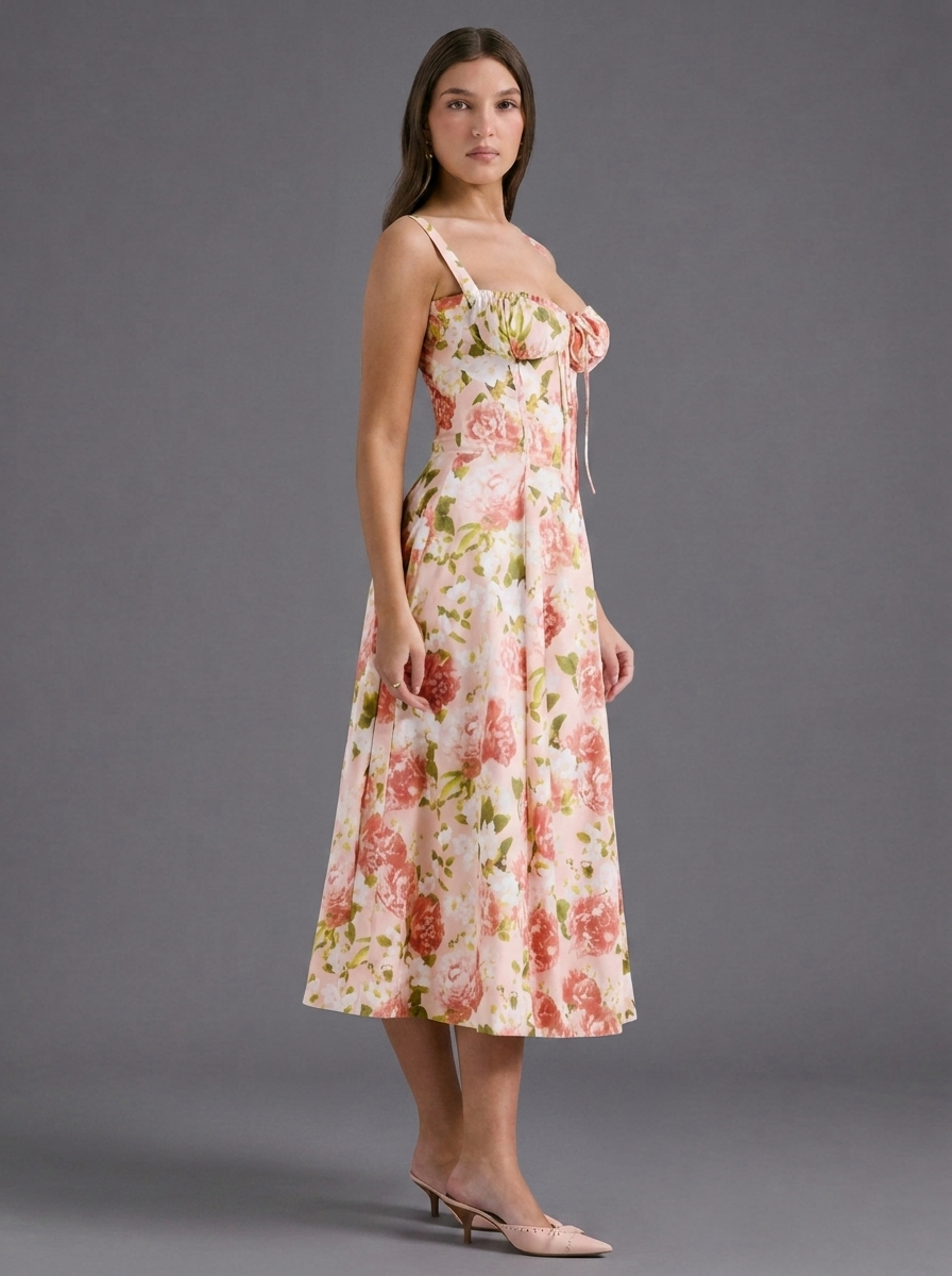 Floral Strappy Split Flared Summer Midi Dress