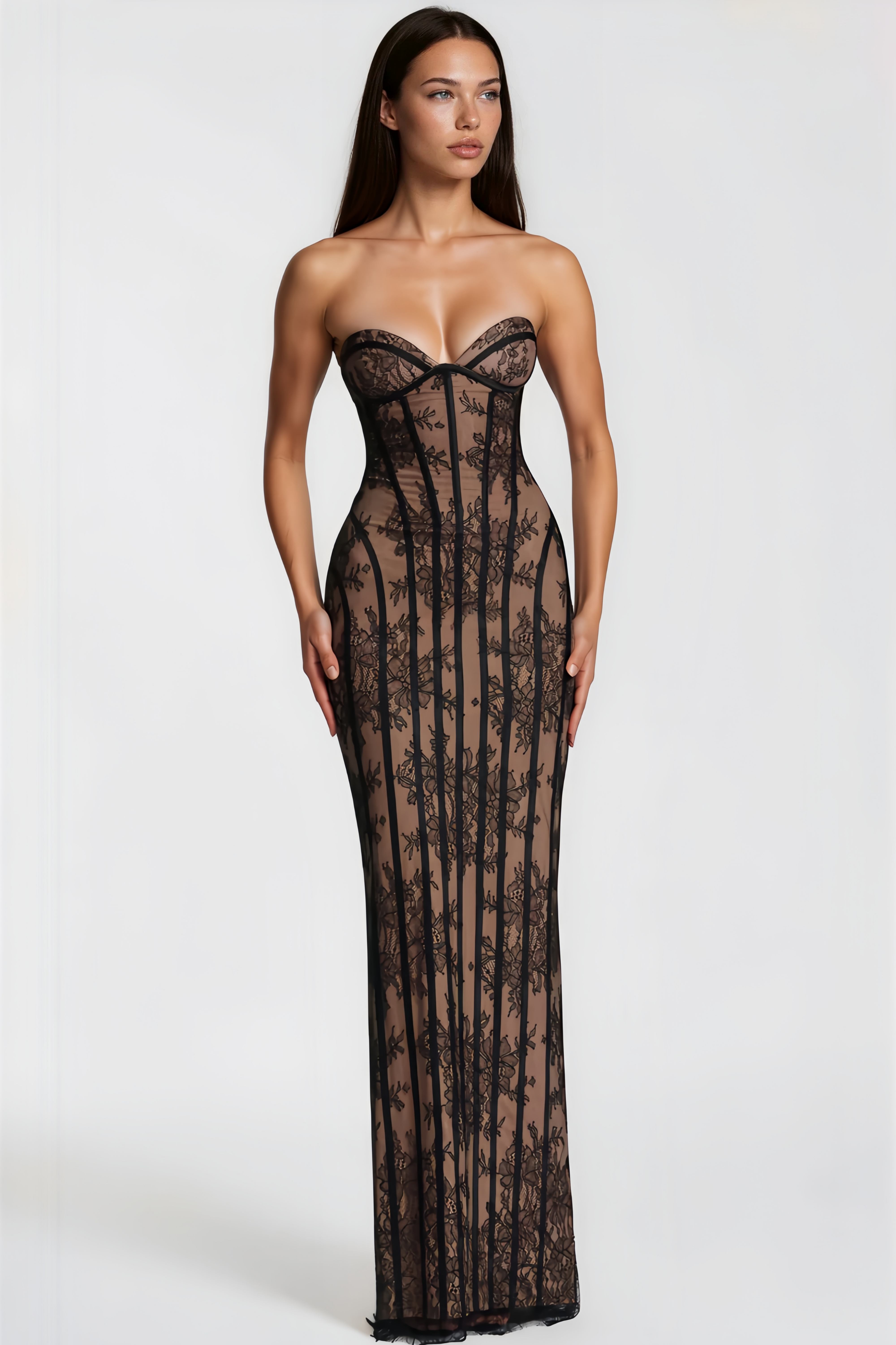 Black Lace Strapless Corset Bodycon Occasion Maxi Dress