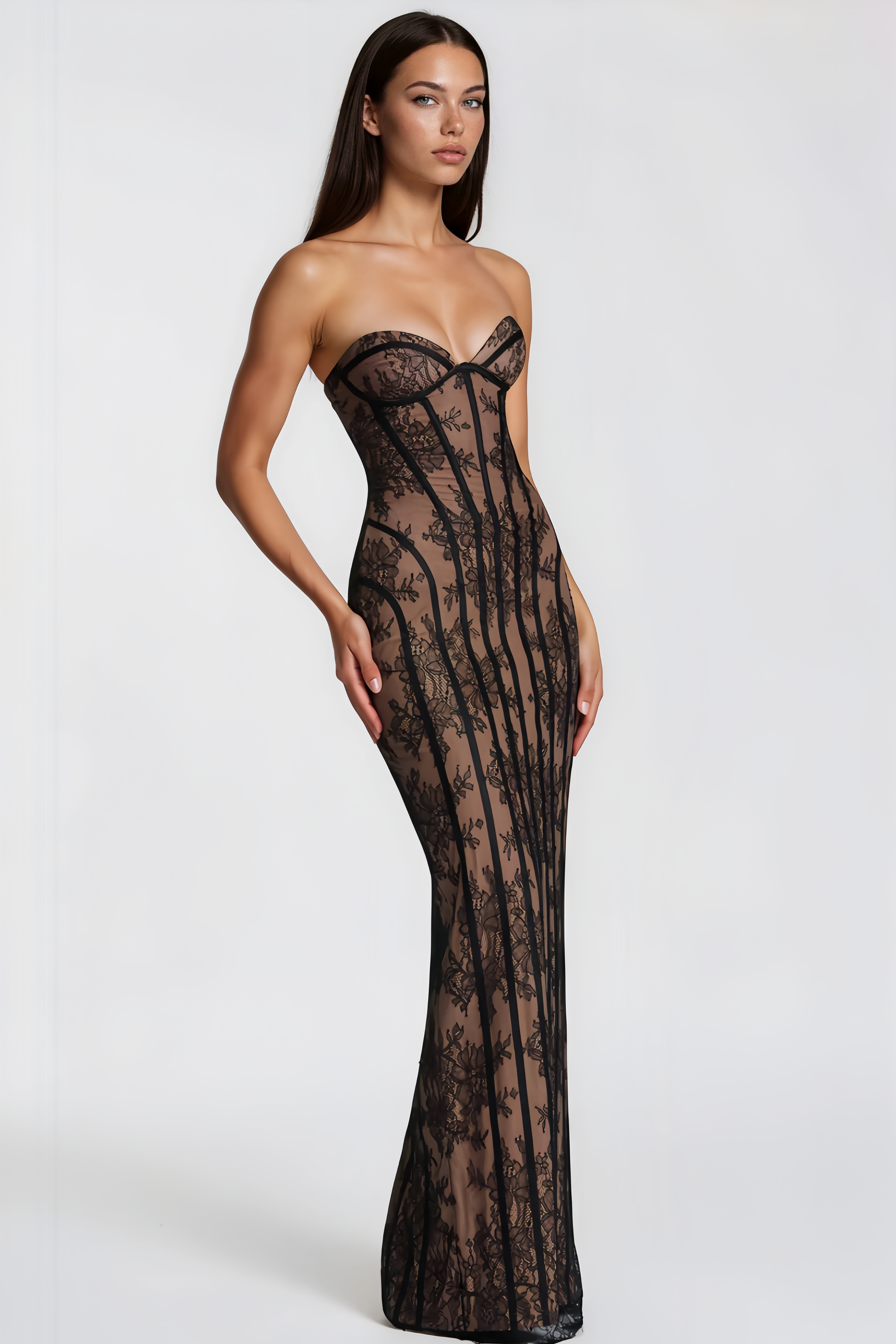 Black Lace Strapless Corset Bodycon Occasion Maxi Dress