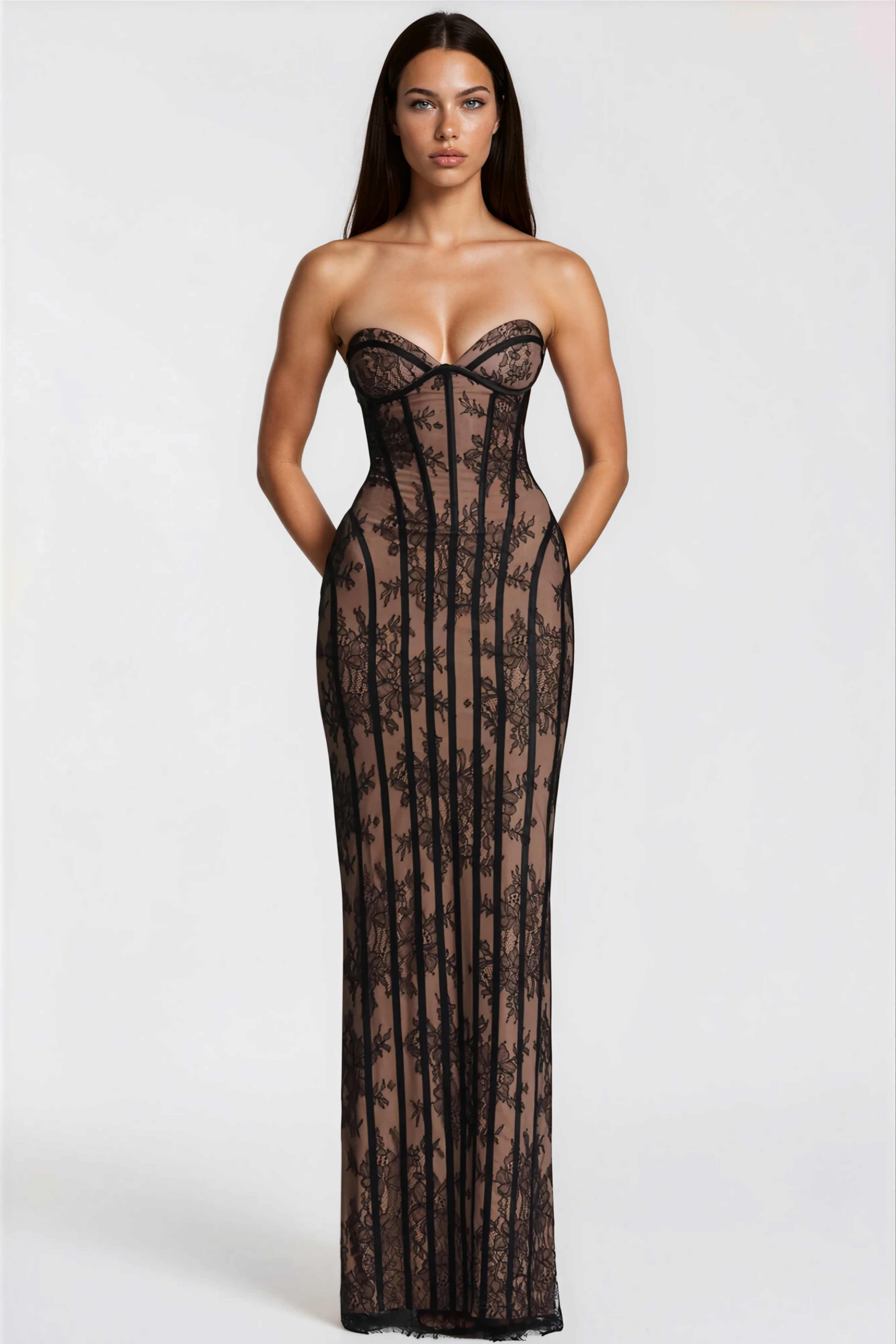 Black Lace Strapless Corset Bodycon Occasion Maxi Dress