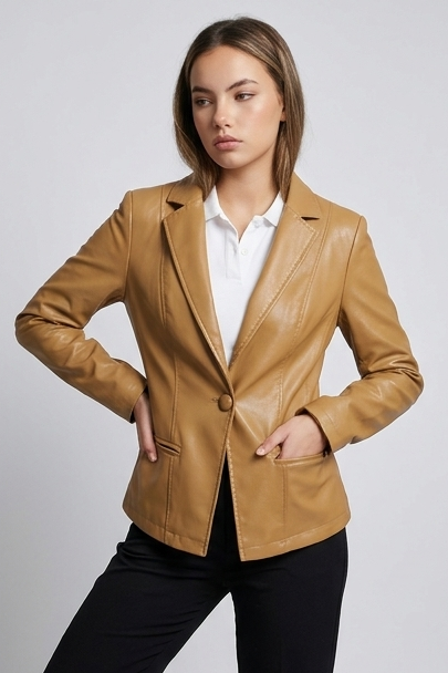 Sculpted Leather Style Blazer With Notched Lapels Women