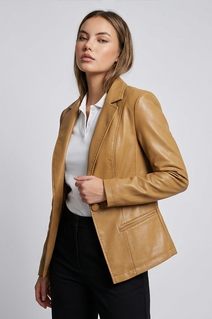 Sculpted Leather Style Blazer With Notched Lapels Women