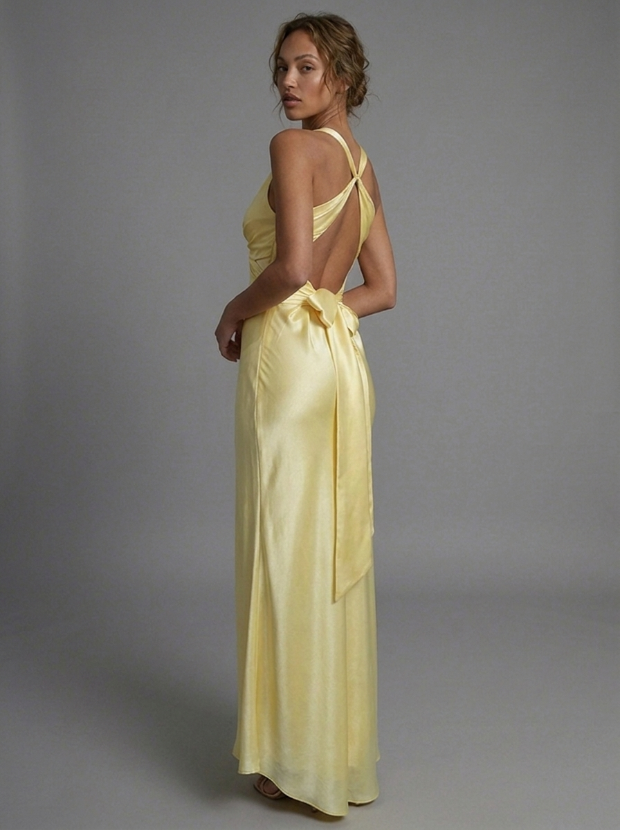 Butter Yellow Satin Style V Neck Maxi Wedding Guest Dress