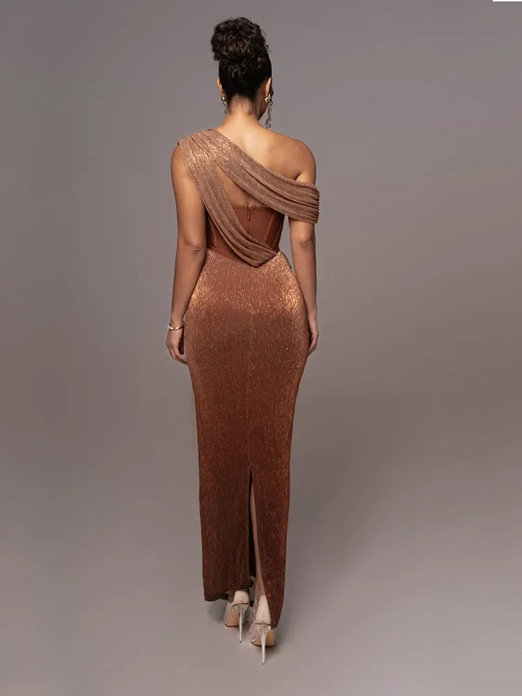 Women’s One Shoulder Glitter Maxi Cocktail Occasion Dress with Back Split