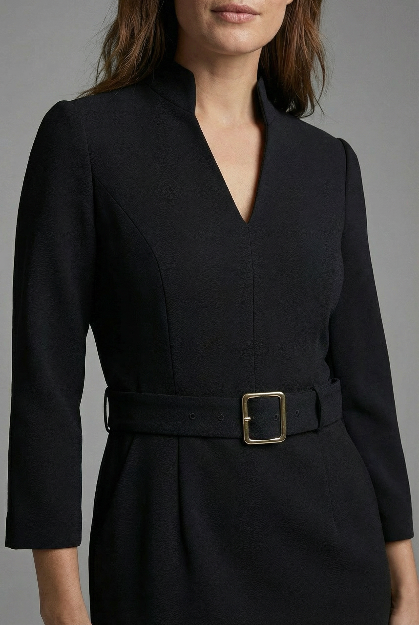 Women’s Black Long Sleeve Midi Sheath Dress with Belt - Business Wear