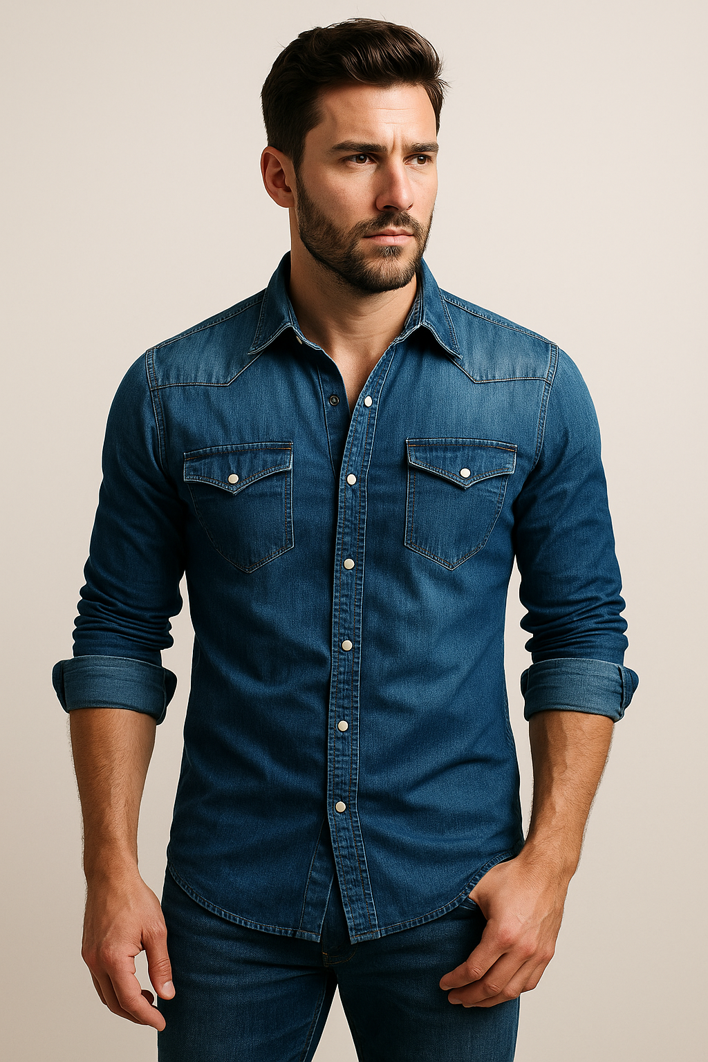 Men’s Denim Button-Up Shirt Long Sleeve